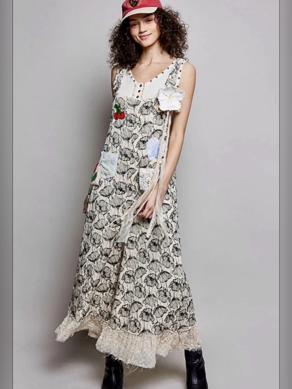 H040 POL M pp21 Cream Floral Overlay Lace A Lot of Details Maxi Jumpsuit Pants - Picture 1 of 16